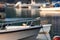 Common Tern perched on boat railing with lobster docks and skiffs on a calm morning in Maine