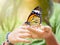 Common Tiger butterfly hanging on girl\'s finger