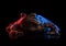 Common toad portrait in red and blue neon light isolated on black