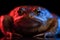 Common toad portrait in red and blue neon light isolated on black background