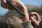 Common viper snake on human hand