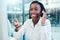 Communication, call center and black woman consulting at computer with professional customer online. Telemarketing