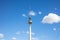 Communication concept. Tv tower, Fernsehturm, under Berlin`s blue sky background. Famous destination