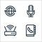 Communication and media line icons. linear set. quality vector line set such as contact book, wifi router, microphone