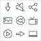 communication and media line icons. linear set. quality vector line set such as laptop, right way, play, television, back, picture