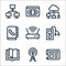 communication and media line icons. linear set. quality vector line set such as news, radio antenna, open book, music player, wifi