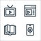 Communication and media line icons. linear set. quality vector line set such as smartphone, open book, browser