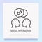 Communication and understanding each other thin line icon: two silhouettes of heads with speech bubbles with check mark. Social
