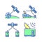 Communications satellites green, blue RGB color icons set