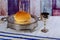 Communion elements represented bread and wine over a red background