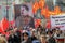 Communist party supporters take part in a rally. (portrait of Soviet dictator Josef Stalin). May Day.