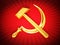 Communist symbols hammer and sickle on red. 3D illustration