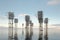 A community adapts to rising sea levels with floating architecture. Generative AI