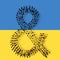 Community of people forming the ampersand sign on Ukrainian flag