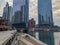 Commuters walk on Upper Wacker and on Chicago Riverwalk along Lower Wacker