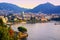 Como city town center on Lake Como, Italy, in warm sunset light