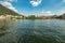 Como, ITALY - August 4, 2019: Apartments, villas, hotels on the green forested mountainsides near Lake Como. Beautiful Italian