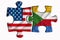 Comores flag and United States of America flag on two puzzle pieces on white isolated background. The concept of political