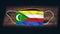 Comoros National Flag at medical, surgical, protection mask on black wooden background. Coronavirus Covidâ€“19, Prevent infection