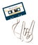 Compact audio cassette dark blue color and rock hand sign language shape made from analog magnetic audio tape illustration