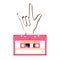 Compact audio cassette pink color and I love you hand sign language shape made from analog magnetic audio tape illustration on