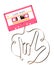 Compact audio cassette pink color and I love you hand sign language shape made from analog magnetic audio tape illustration