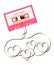 Compact audio cassette pink color and Love heart sign shape made from analog magnetic audio tape illustration