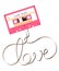 Compact audio cassette pink color and love text made from analog magnetic audio tape illustration