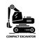compact excavator icon, black vector sign with editable strokes, concept illustration