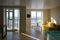 Compact modern cozy apartment interior, living room with yellow sofa, white coffee table and tv on wall, big windows and