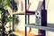 Compact radio on the shelf in the vintage interior of the living room