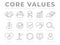 Company Core Values Outline Web Icon Set. Integrity, Leadership, Quality and Development, Creativity, Accountability, Simplicity,