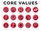 Company Core Values Red Round Flat Icon Set. Integrity, Leadership, Quality and Development, Creativity, Accountability,