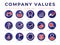 Company Core Values Round Flat Icon Set. Integrity, Leadership, Quality and Development, Creativity, Accountability, Simplicity,