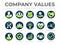 Company Core Values Round Icon Set. Integrity, Leadership, Security, Providing Value, Respect, Quality, Teamwork, Positivity,