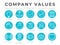 Company Core Values Round Outline Icon Set. Innovation, Stability, Security, Reliability, Legal and Sensitivity, Trust, High