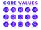 Company Core Values Round Outline Web Icon Set. Integrity, Leadership, Quality and Development, Creativity, Accountability,