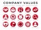 Company Core Values Round Web Icon Set. Integrity, Leadership, Quality and Development, Creativity, Accountability, Simplicity,