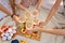 The company of female friends enjoys a summer picnic and raise glasses with wine