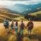 Company of friends travelers walking on the mountain hill with grass field