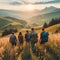 Company of friends travelers walking on the mountain hill with grass field