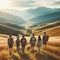 Company of friends travelers walking on the mountain hill with grass field