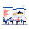 Company information analytics concept with character. Workers are sitting at the negotiating table, collective thinking and