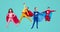 Company of superhero kids on blue background