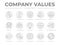 Company Values Round Gray Outline Icon Set. Integrity, Leadership, Boldness, Value, Respect, Quality, Teamwork, Positivity,