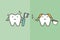 Compare of healthy white tooth with brushing teeth and unhealthy yellow tooth with plaque from coffee and cigarette - dental carto