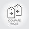 Compare prices icon drawing in line design. Financial comparison outline pictogram. Price-tag with arrow label