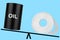 Compare prices of oil barrel and toilet paper, match cost of oil drum and bog roll, oil price drop concept, barrel low rate banner