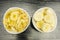 Comparison of bowls with fresh and dried banana.