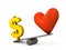 Comparison of the importance of the heart symbol and the dollar symbol. A concept that expresses money worship, which emphasizes